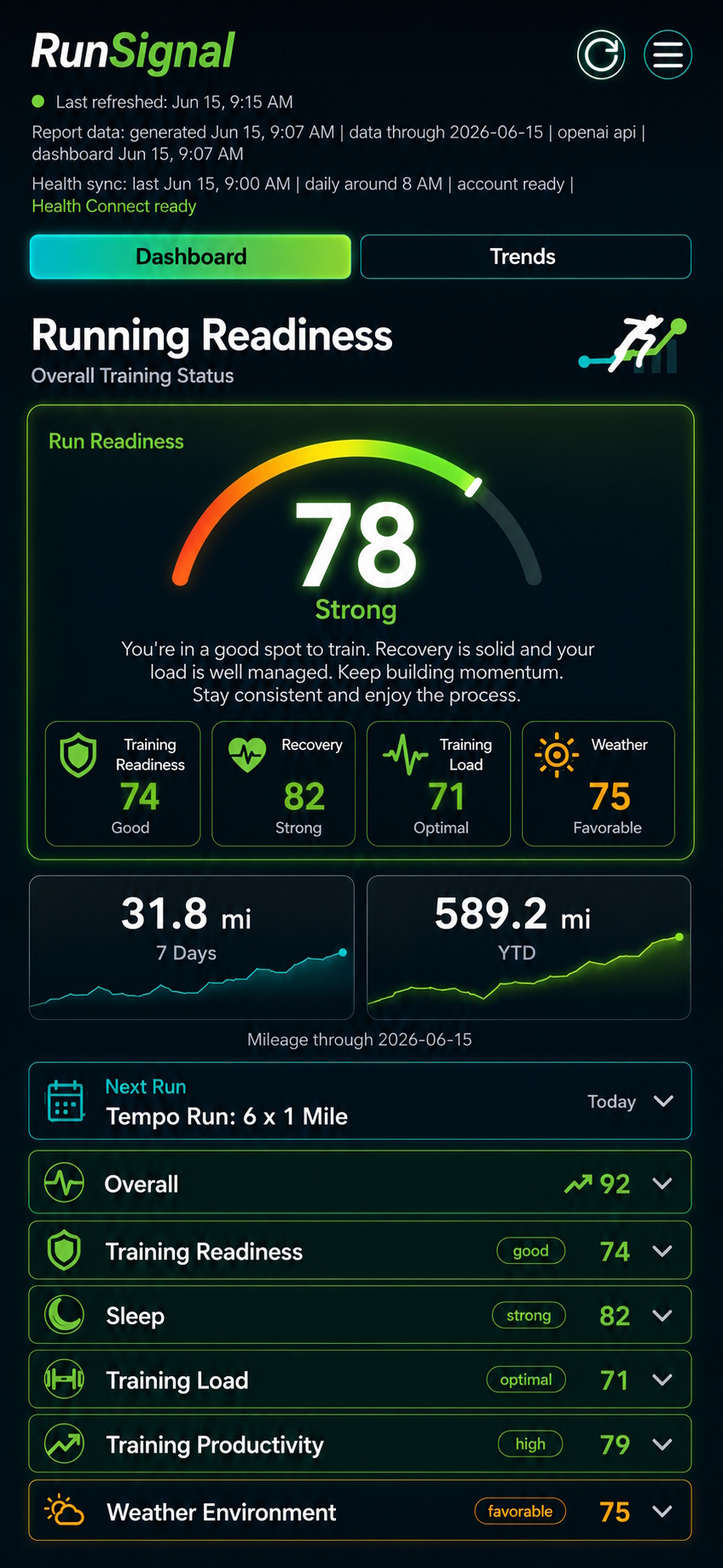 RunSignal app showing training readiness and race analysis